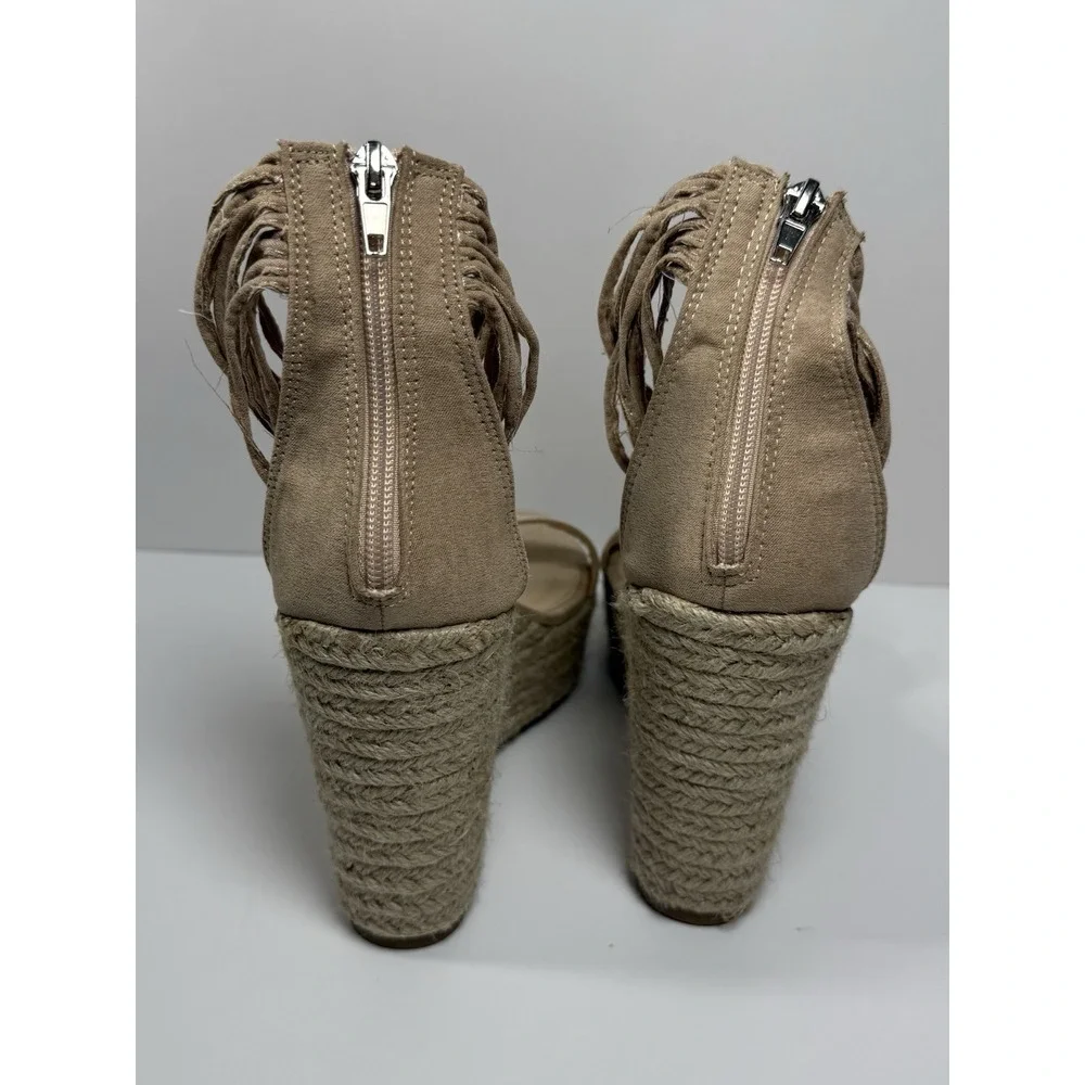 Beige Fringe Espadrille Wedge Sandals Zipper Ankle Strap Fabric Women Size 8